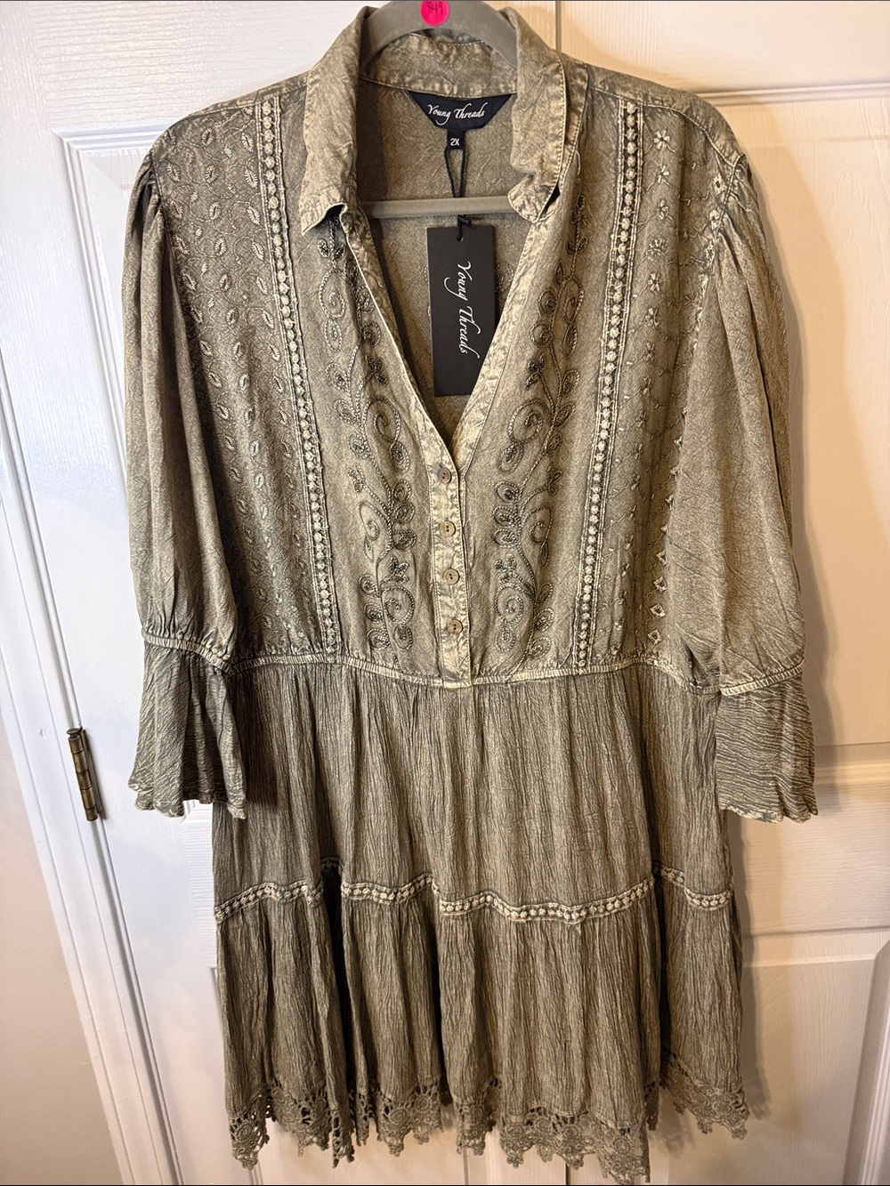 Young Threads Olive Green Embroidered Tiered Long Sleeve Dress